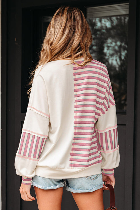 Colorblock Striped Patchwork Henley Pullover Top Exposed-Seam Drop-Shoulder